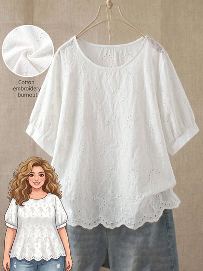 Rusticease Plus Size Women's Hollow Embroidery Round Neck Short Sleeve Casual Shirt Summer Tops Spring Country Style For Women