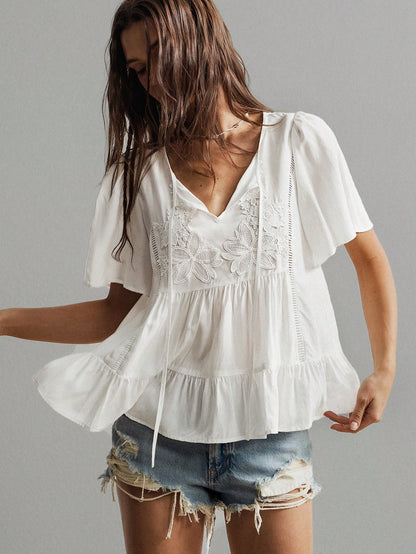 Rusttydustty Bohemian Style White Lace Embroidered V-Neck Loose Ruffle Sleeve Women's Vacation Top, Suitable For Autumn/Winter Summer