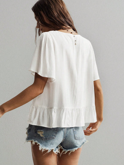 Rusttydustty Bohemian Style White Lace Embroidered V-Neck Loose Ruffle Sleeve Women's Vacation Top, Suitable For Autumn/Winter Summer