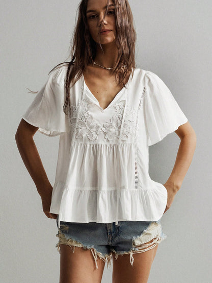 Rusttydustty Bohemian Style White Lace Embroidered V-Neck Loose Ruffle Sleeve Women's Vacation Top, Suitable For Autumn/Winter Summer