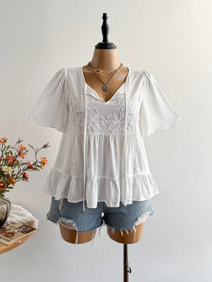 Rusttydustty Bohemian Style White Lace Embroidered V-Neck Loose Ruffle Sleeve Women's Vacation Top, Suitable For Autumn/Winter Summer