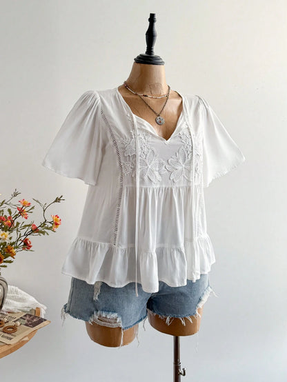 Rusttydustty Bohemian Style White Lace Embroidered V-Neck Loose Ruffle Sleeve Women's Vacation Top, Suitable For Autumn/Winter Summer