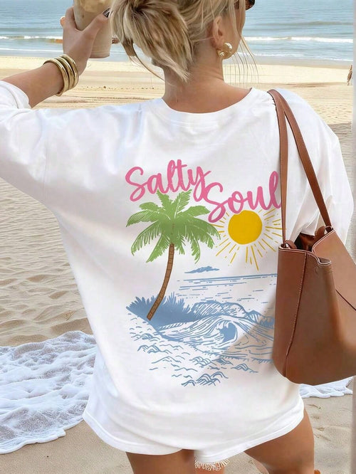 SALTY SOUL Women's Spring/Summer New Coconut Tree & Sunshine Print Casual Round Neck Short Sleeve T-Shirt, Fashion Versatile, Essential Daily &