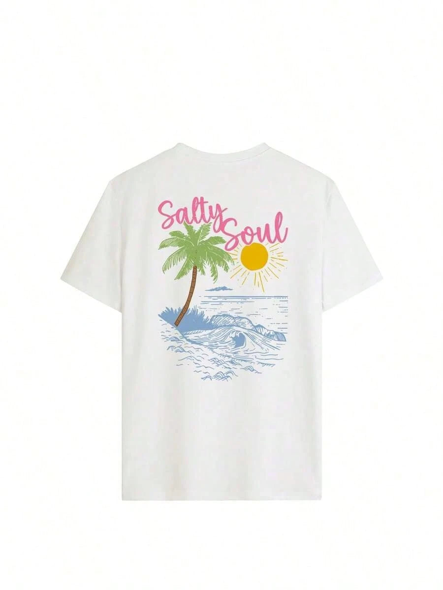 SALTY SOUL Women's Spring/Summer New Coconut Tree & Sunshine Print Casual Round Neck Short Sleeve T-Shirt, Fashion Versatile, Essential Daily &