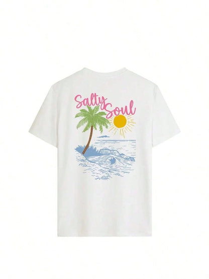 SALTY SOUL Women's Spring/Summer New Coconut Tree & Sunshine Print Casual Round Neck Short Sleeve T-Shirt, Fashion Versatile, Essential Daily &
