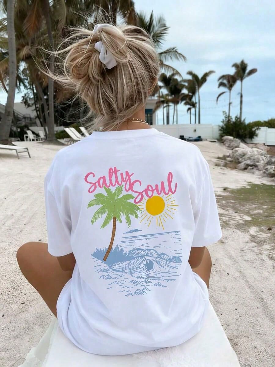 SALTY SOUL Women's Spring/Summer New Coconut Tree & Sunshine Print Casual Round Neck Short Sleeve T-Shirt, Fashion Versatile, Essential Daily &