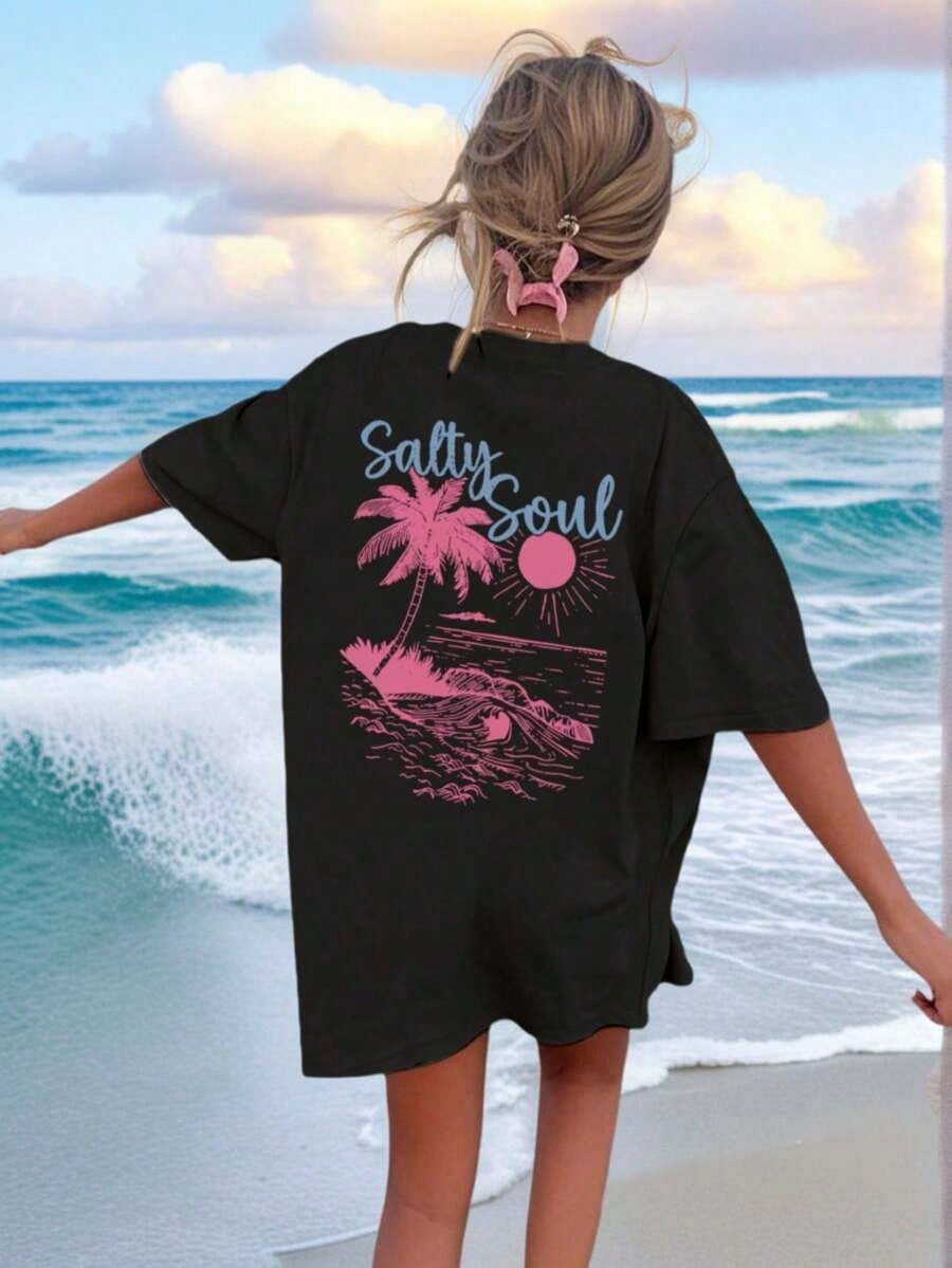 SALTY SOUL Women's Spring/Summer New Coconut Tree & Sunshine Print Casual Round Neck Short Sleeve T-Shirt, Fashion Versatile, Essential Daily &