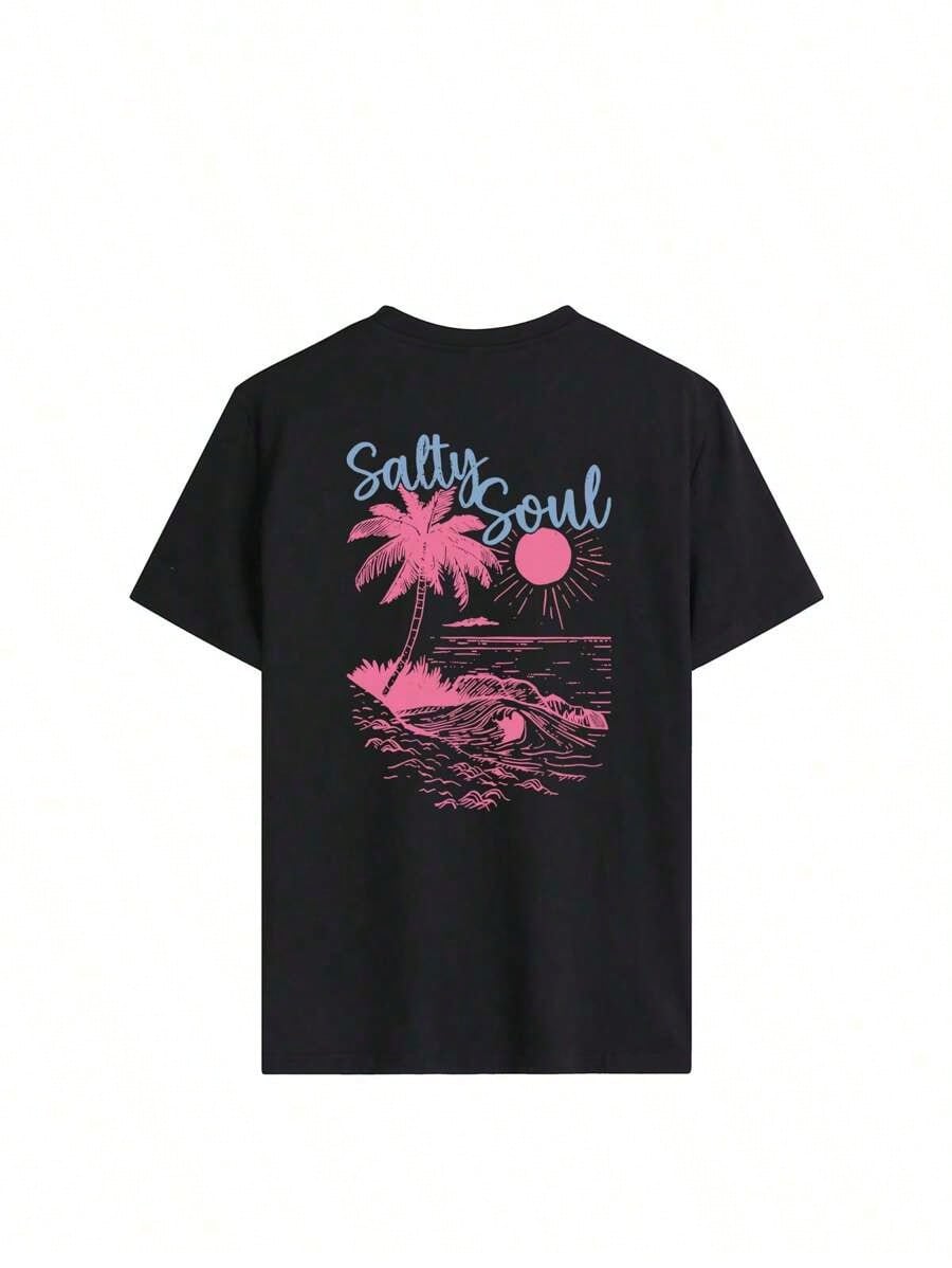 SALTY SOUL Women's Spring/Summer New Coconut Tree & Sunshine Print Casual Round Neck Short Sleeve T-Shirt, Fashion Versatile, Essential Daily &