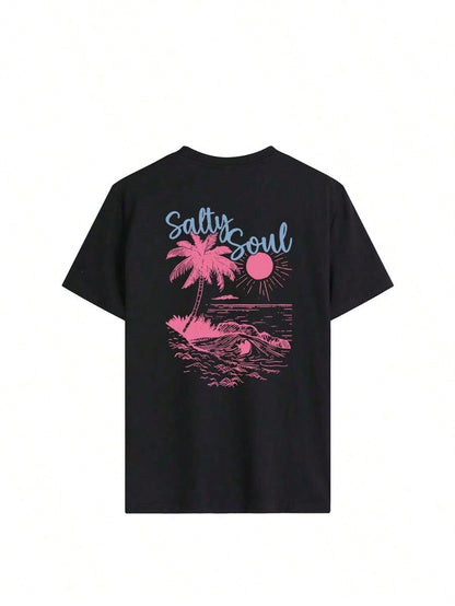 SALTY SOUL Women's Spring/Summer New Coconut Tree & Sunshine Print Casual Round Neck Short Sleeve T-Shirt, Fashion Versatile, Essential Daily &