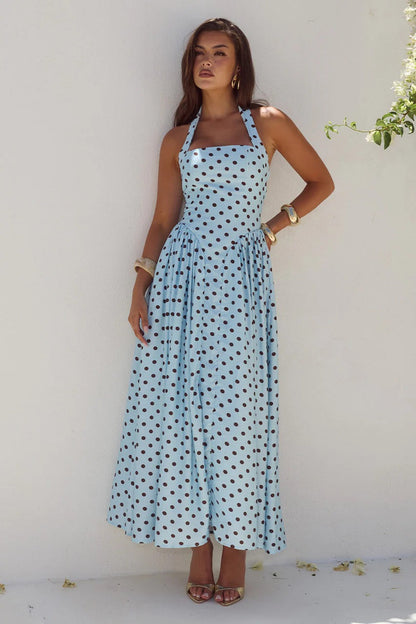 Sammi Midi Dress - Sky Blue/Choc Polka