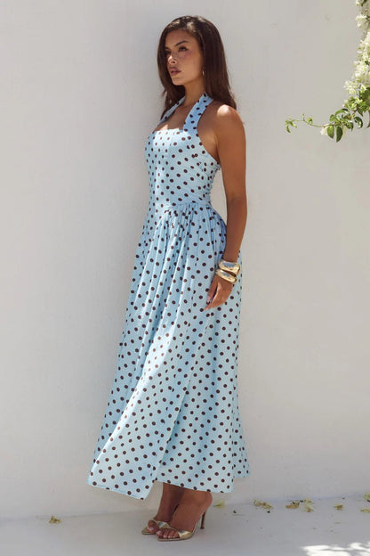 Sammi Midi Dress - Sky Blue/Choc Polka