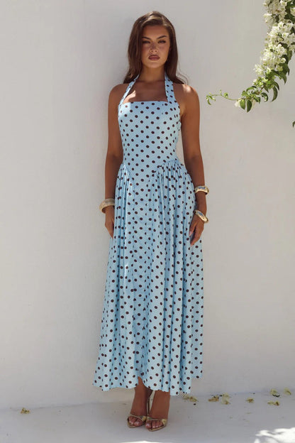 Sammi Midi Dress - Sky Blue/Choc Polka