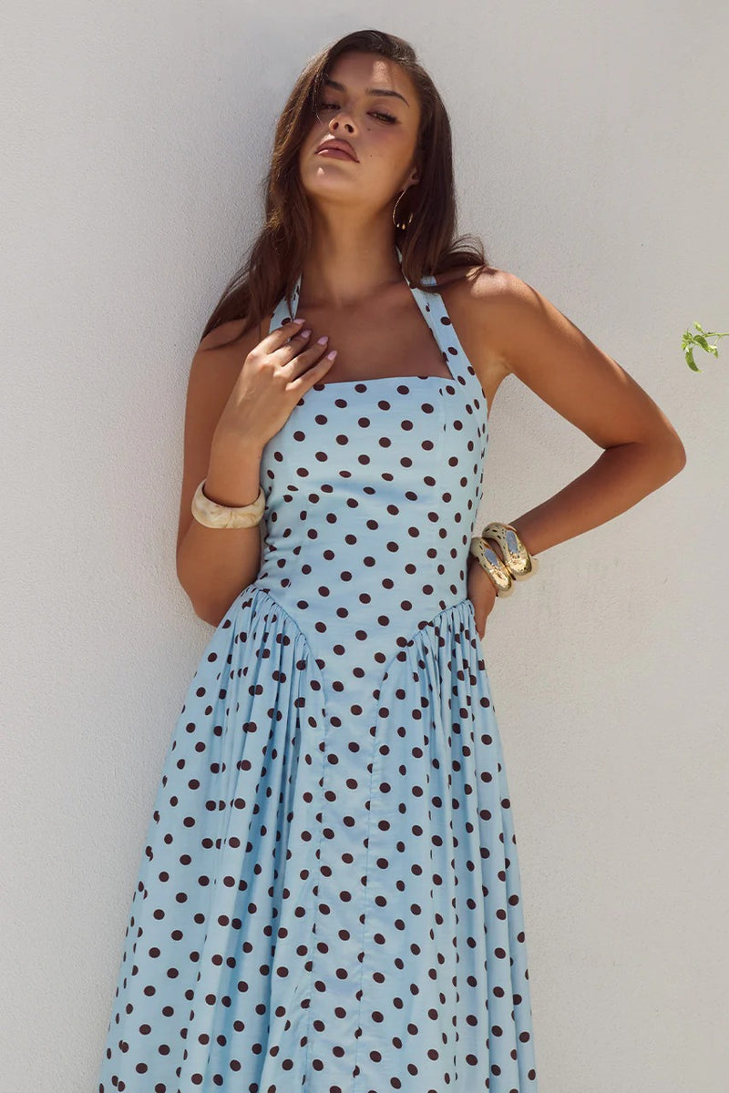 Sammi Midi Dress - Sky Blue/Choc Polka