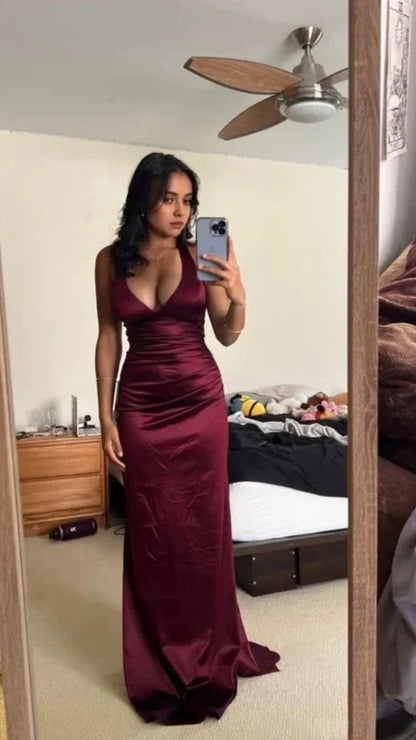 Satin Plunging V- Neckline Long Evening Dress, Prom Dresses, Evening Party Dresses,AST2288
