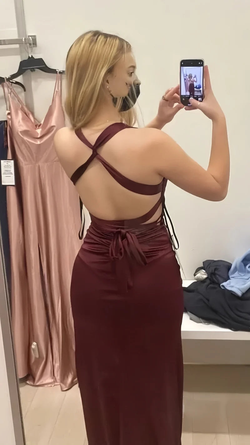 Satin Plunging V- Neckline Long Evening Dress, Prom Dresses, Evening Party Dresses,AST2288