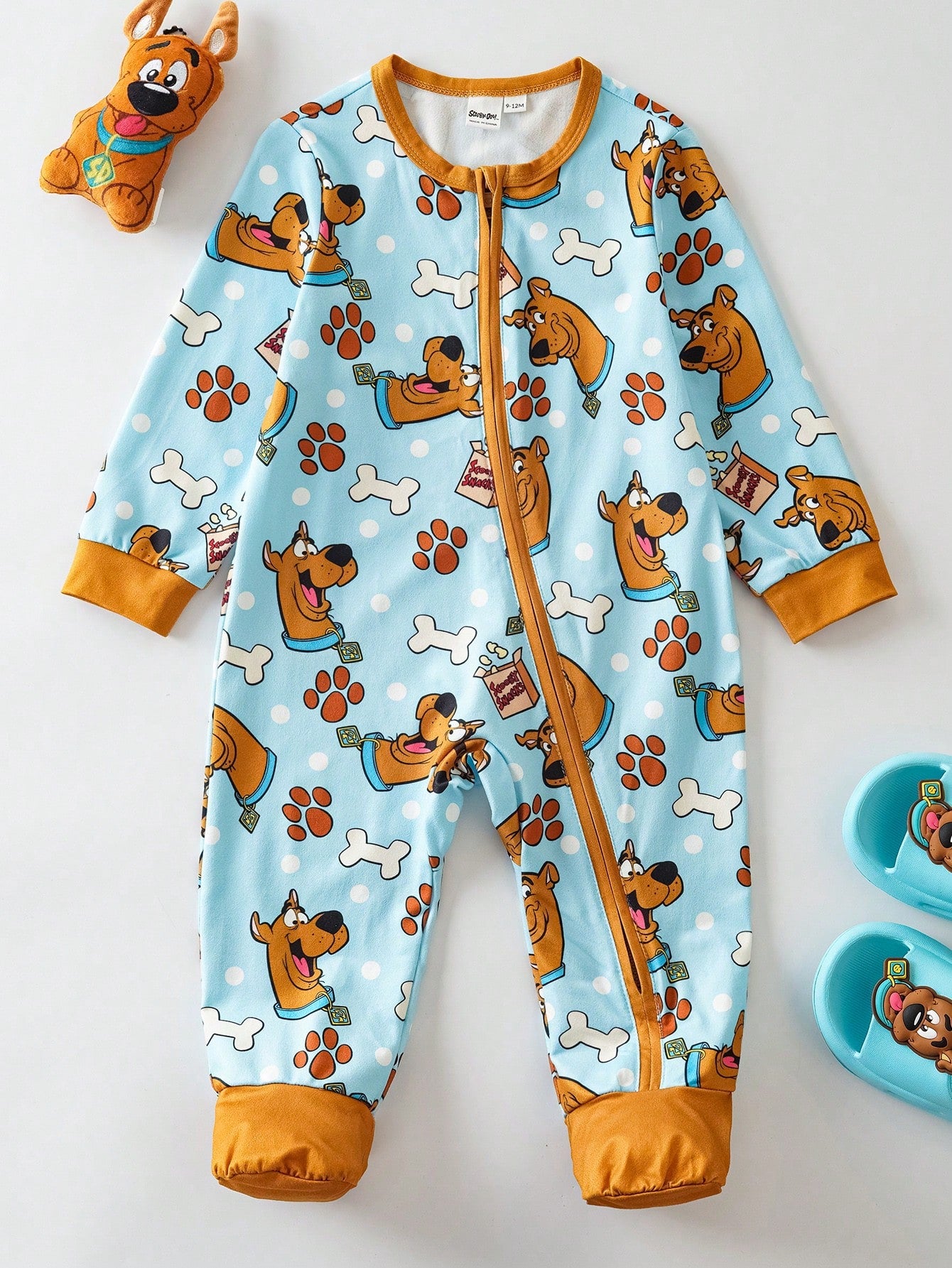 SCOOBY-DOO X Baby Boy Cute Cartoon Bone & Paw Print All-Over Print Crew Neck Long Sleeve Zip-Up Footed Pajama Baby Boy Clothes Baby Boy Pajama Set Baby Boy Pajamas Zipper