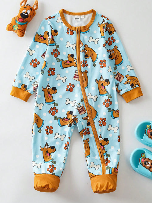 SCOOBY-DOO X Baby Boy Cute Cartoon Bone & Paw Print All-Over Print Crew Neck Long Sleeve Zip-Up Footed Pajama Baby Boy Clothes Baby Boy Pajama Set Baby Boy Pajamas Zipper