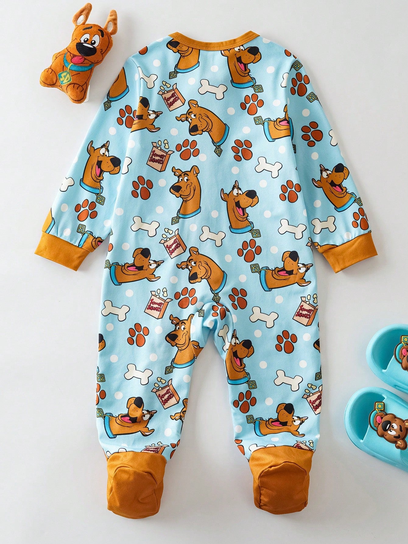 SCOOBY-DOO X Baby Boy Cute Cartoon Bone & Paw Print All-Over Print Crew Neck Long Sleeve Zip-Up Footed Pajama Baby Boy Clothes Baby Boy Pajama Set Baby Boy Pajamas Zipper