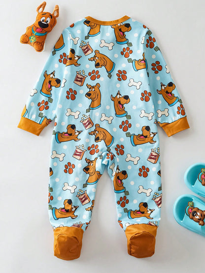 SCOOBY-DOO X Baby Boy Cute Cartoon Bone & Paw Print All-Over Print Crew Neck Long Sleeve Zip-Up Footed Pajama Baby Boy Clothes Baby Boy Pajama Set Baby Boy Pajamas Zipper