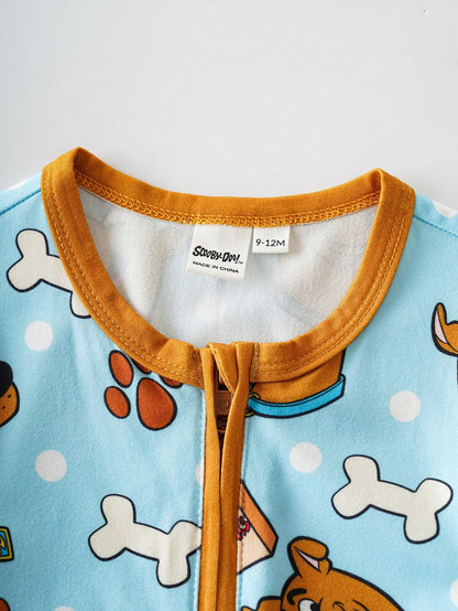 SCOOBY-DOO X Baby Boy Cute Cartoon Bone & Paw Print All-Over Print Crew Neck Long Sleeve Zip-Up Footed Pajama Baby Boy Clothes Baby Boy Pajama Set Baby Boy Pajamas Zipper