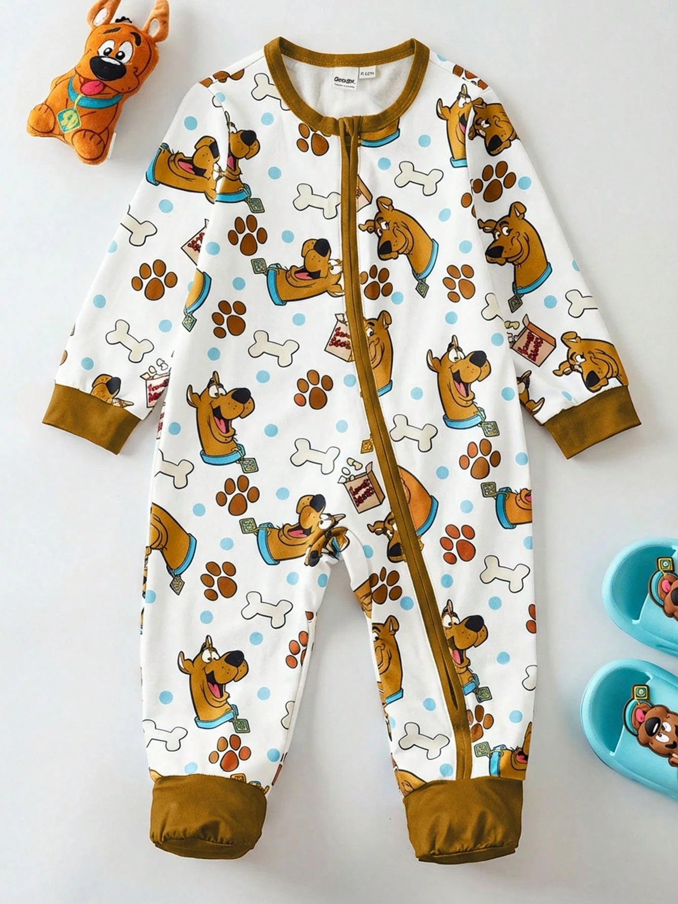 SCOOBY-DOO X Baby Boy Cute Cartoon Bone & Paw Print All-Over Print Crew Neck Long Sleeve Zip-Up Footed Pajama Baby Boy Clothes Baby Boy Pajama Set Baby Boy Pajamas Zipper