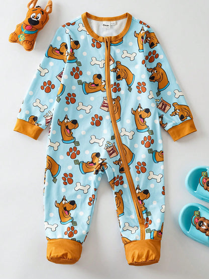 SCOOBY-DOO X Baby Boy Cute Cartoon Bone & Paw Print All-Over Print Crew Neck Long Sleeve Zip-Up Footed Pajama Baby Boy Clothes Baby Boy Pajama Set Baby Boy Pajamas Zipper