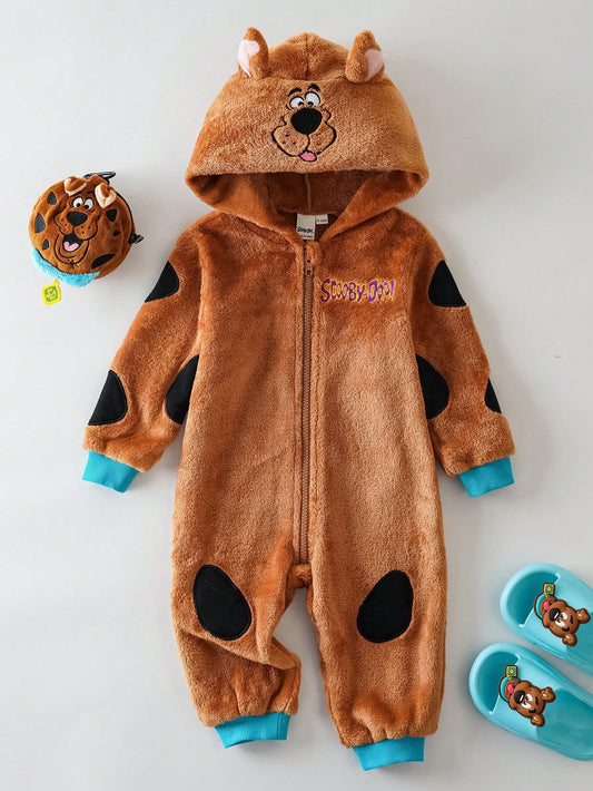 SCOOBY-DOO X Baby Boy Cute Cartoon Puppy Embroidered 3D Ear Hooded Long Sleeve Zipper Front Comfortable Flannel Jumpsuit Baby Boy Clothes Brown Baby Animal Clothes Mocha Baby Clothes Baby Cartoo