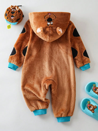 SCOOBY-DOO X Baby Boy Cute Cartoon Puppy Embroidered 3D Ear Hooded Long Sleeve Zipper Front Comfortable Flannel Jumpsuit Baby Boy Clothes Brown Baby Animal Clothes Mocha Baby Clothes Baby Cartoo