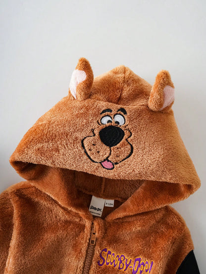 SCOOBY-DOO X Baby Boy Cute Cartoon Puppy Embroidered 3D Ear Hooded Long Sleeve Zipper Front Comfortable Flannel Jumpsuit Baby Boy Clothes Brown Baby Animal Clothes Mocha Baby Clothes Baby Cartoo