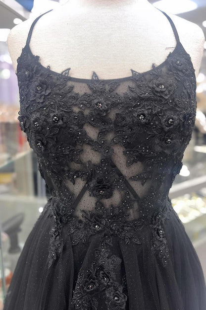 Scoop Lace Appliques Black A-line Long Formal Dress