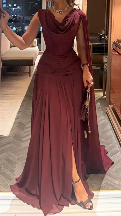Scoop-Neck Off-Shoulder Sleeveless Pleated Chiffon Floor-Length A-Line Evening Dress,AST2307