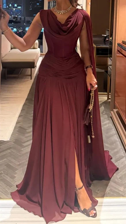 Scoop-Neck Off-Shoulder Sleeveless Pleated Chiffon Floor-Length A-Line Evening Dress,AST2307