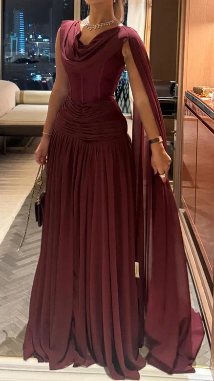 Scoop-Neck Off-Shoulder Sleeveless Pleated Chiffon Floor-Length A-Line Evening Dress,AST2307
