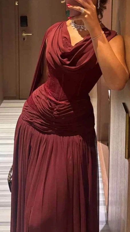 Scoop-Neck Off-Shoulder Sleeveless Pleated Chiffon Floor-Length A-Line Evening Dress,AST2307