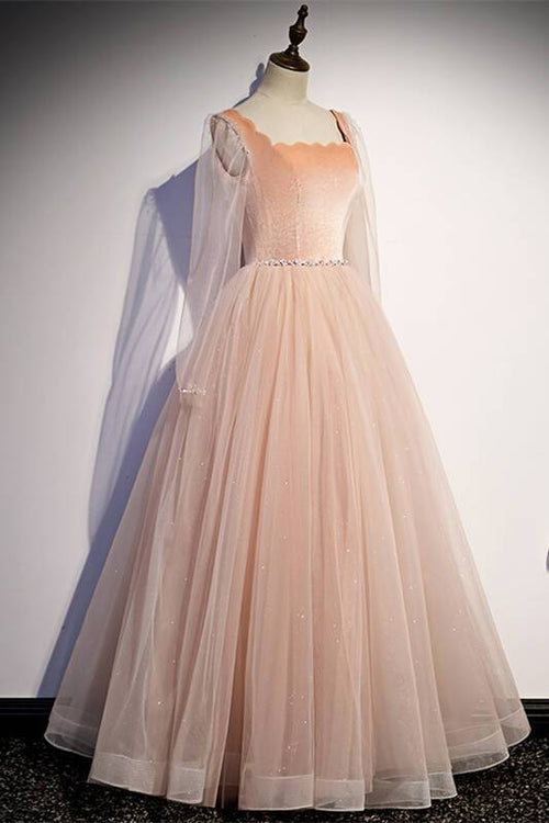 See Through Long Sleeves Pink Long Party Dress
