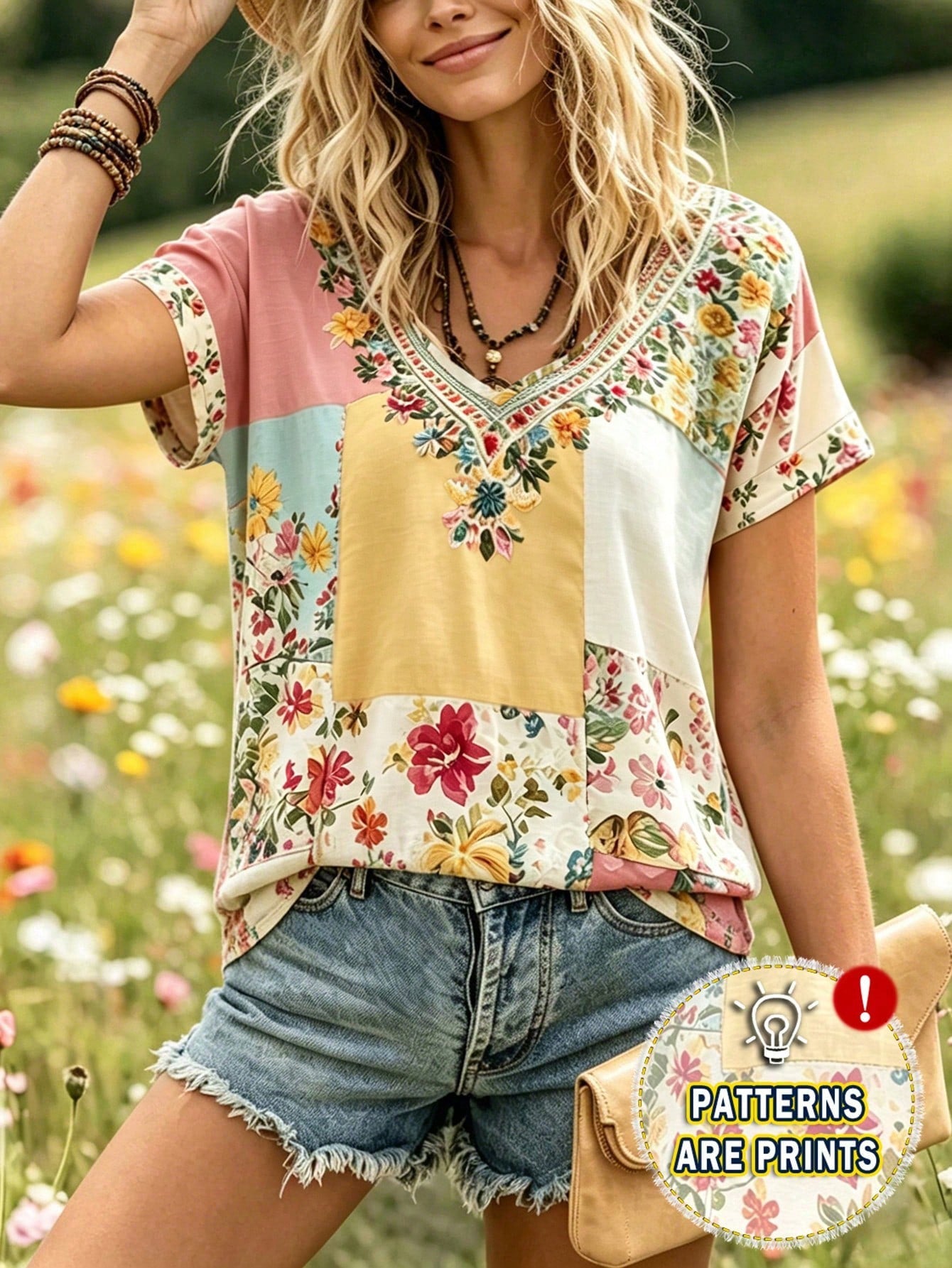 Selamara Plus Size Bohemian Style Pink & Brown Floral Faux Embroidery V-Neck T-Shirt, Summer Vacation Casual Short Sleeve Tee