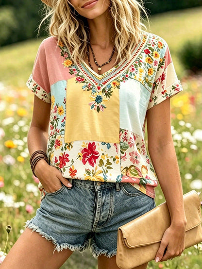 Selamara Plus Size Bohemian Style Pink & Brown Floral Faux Embroidery V-Neck T-Shirt, Summer Vacation Casual Short Sleeve Tee