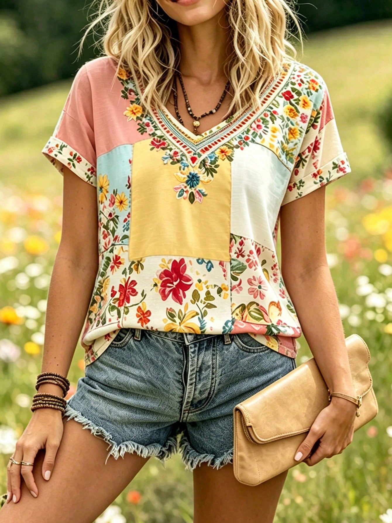 Selamara Plus Size Bohemian Style Pink & Brown Floral Faux Embroidery V-Neck T-Shirt, Summer Vacation Casual Short Sleeve Tee