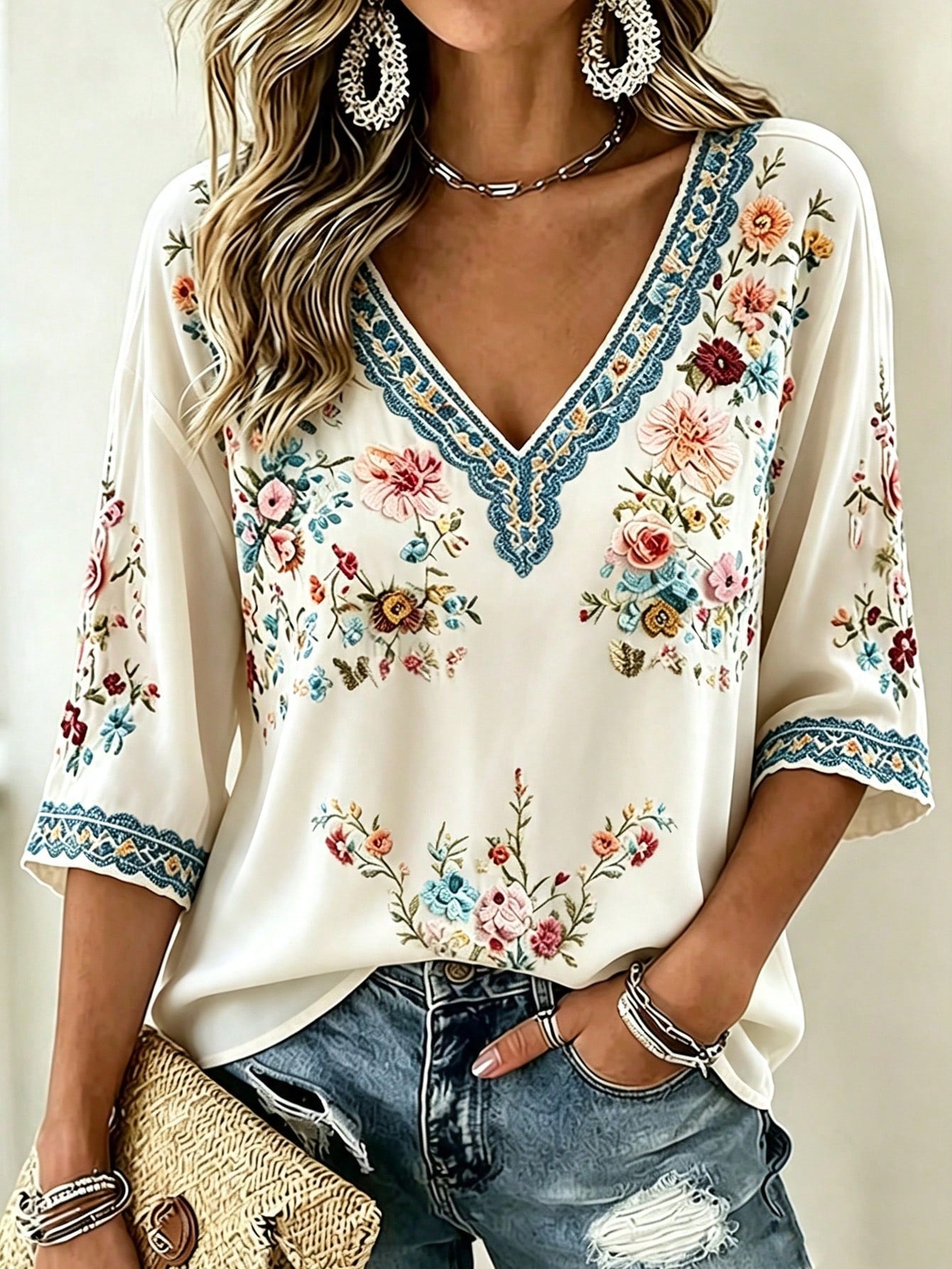 Selamara Plus Size Women's Floral Print Casual Versatile Daily Wear Top Fall