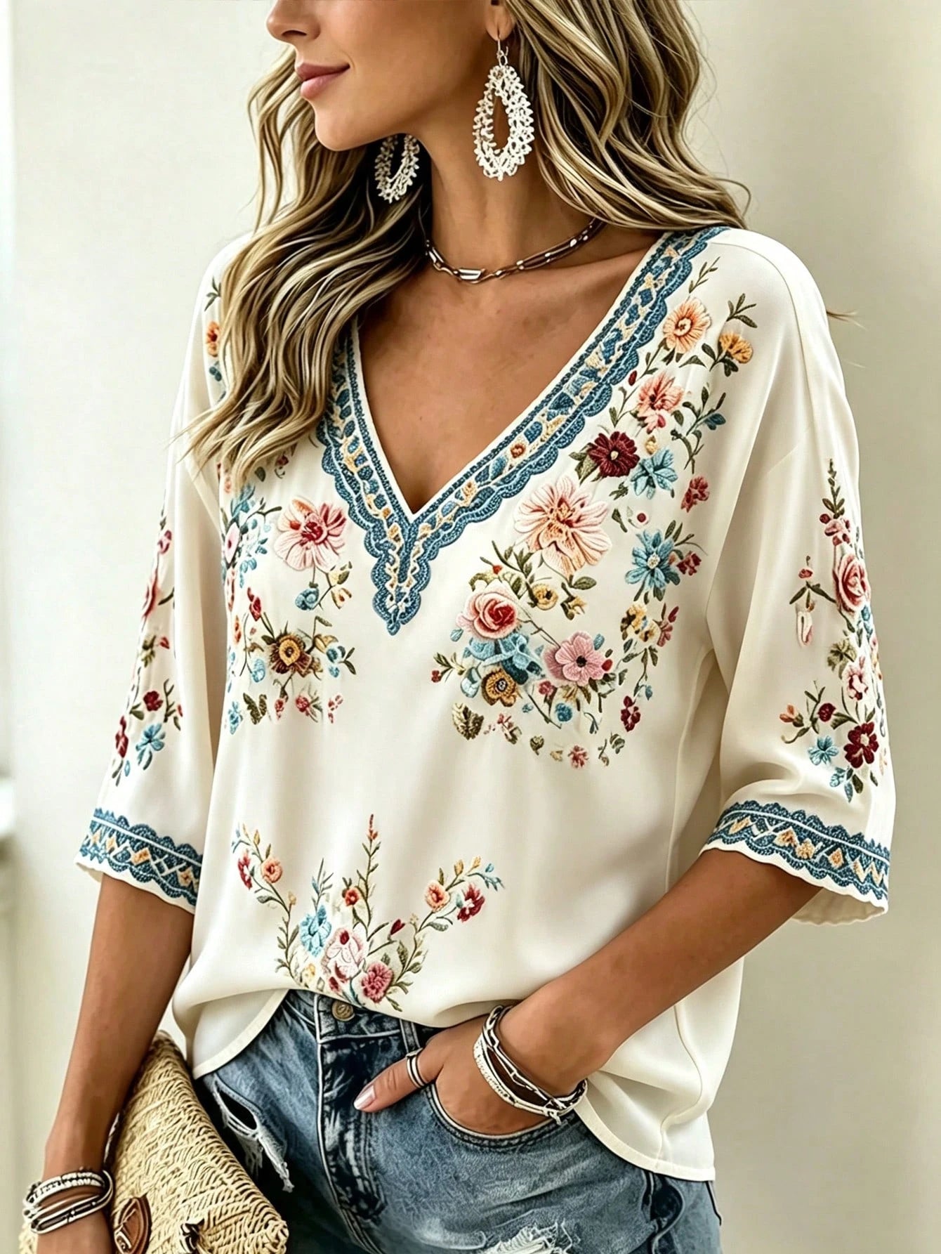 Selamara Plus Size Women's Floral Print Casual Versatile Daily Wear Top Fall