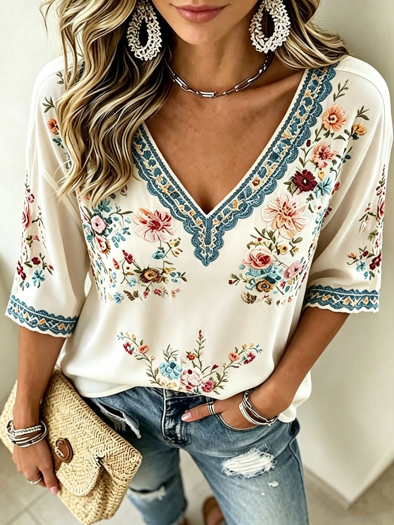 Selamara Plus Size Women's Floral Print Casual Versatile Daily Wear Top Fall