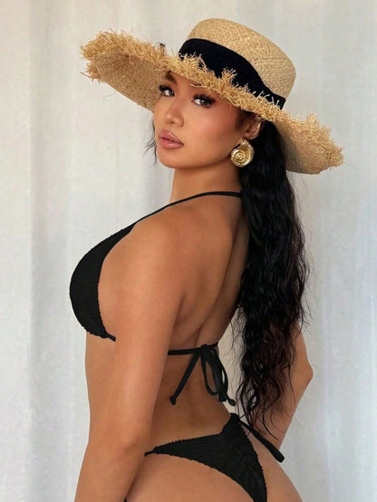 Selianne 2pcs Beach Summer Outfits For Women, Black Textural Fabric Starfish Decor Halter Bikini Top And Side Tie Thong Bottoms Sexy Swimsuit Set Custom