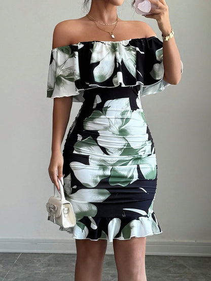 Selianne Tropical Print Off Shoulder Ruffle Trim Ruched Bodycon Dress Vacation Beach Outfits Women