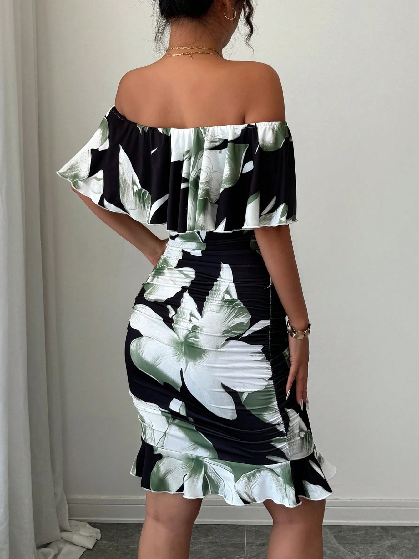 Selianne Tropical Print Off Shoulder Ruffle Trim Ruched Bodycon Dress Vacation Beach Outfits Women