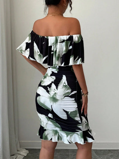 Selianne Tropical Print Off Shoulder Ruffle Trim Ruched Bodycon Dress Vacation Beach Outfits Women
