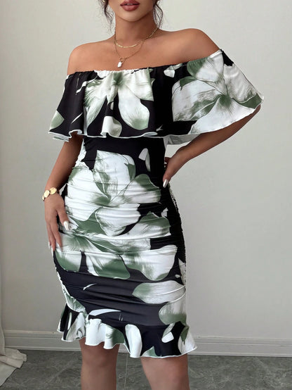 Selianne Tropical Print Off Shoulder Ruffle Trim Ruched Bodycon Dress Vacation Beach Outfits Women