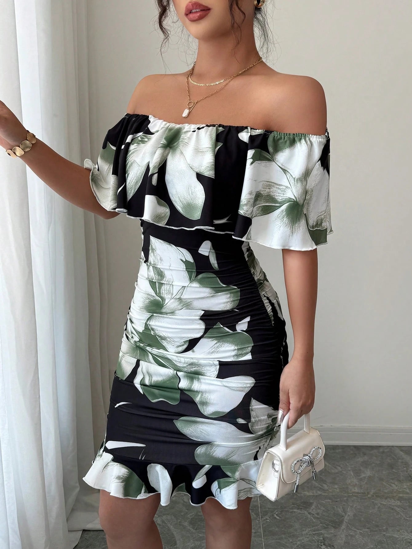 Selianne Tropical Print Off Shoulder Ruffle Trim Ruched Bodycon Dress Vacation Beach Outfits Women