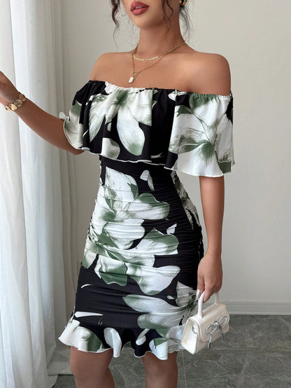 Selianne Tropical Print Off Shoulder Ruffle Trim Ruched Bodycon Dress Vacation Beach Outfits Women