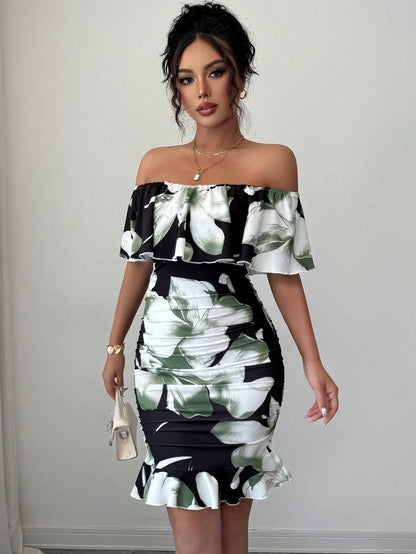 Selianne Tropical Print Off Shoulder Ruffle Trim Ruched Bodycon Dress Vacation Beach Outfits Women