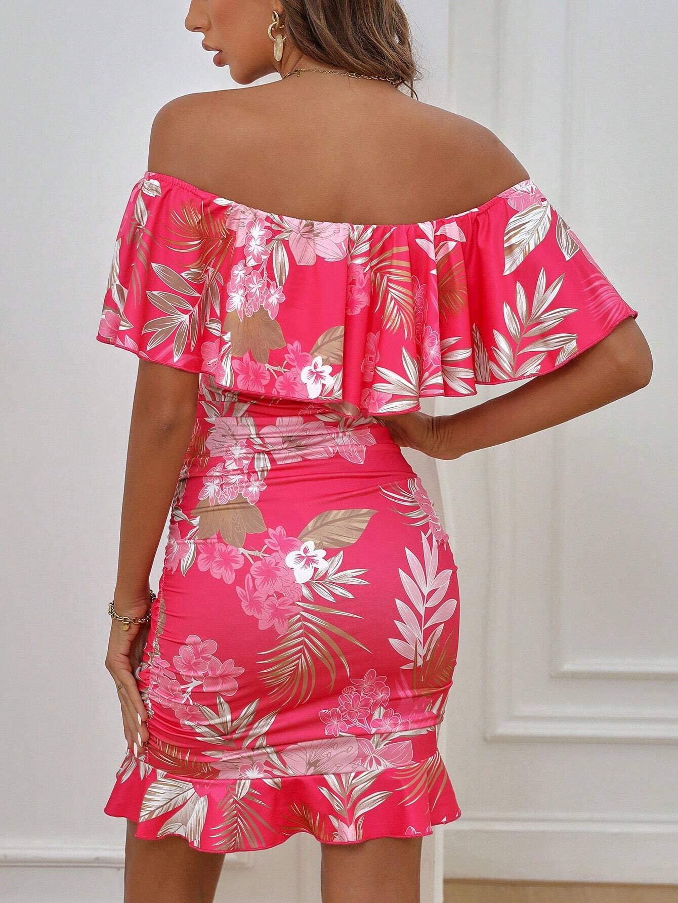 Selianne Tropical Print Off Shoulder Ruffle Trim Ruched Bodycon Dress Vacation Beach Outfits Women